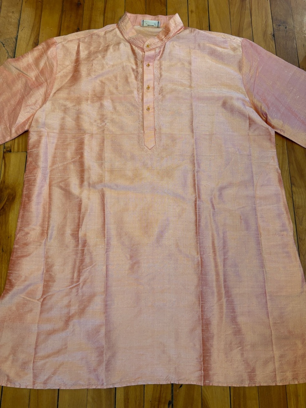 DENNIS MORTON Men's Pink Silk Kurta Shirt - Classic Band Collar - Size XL